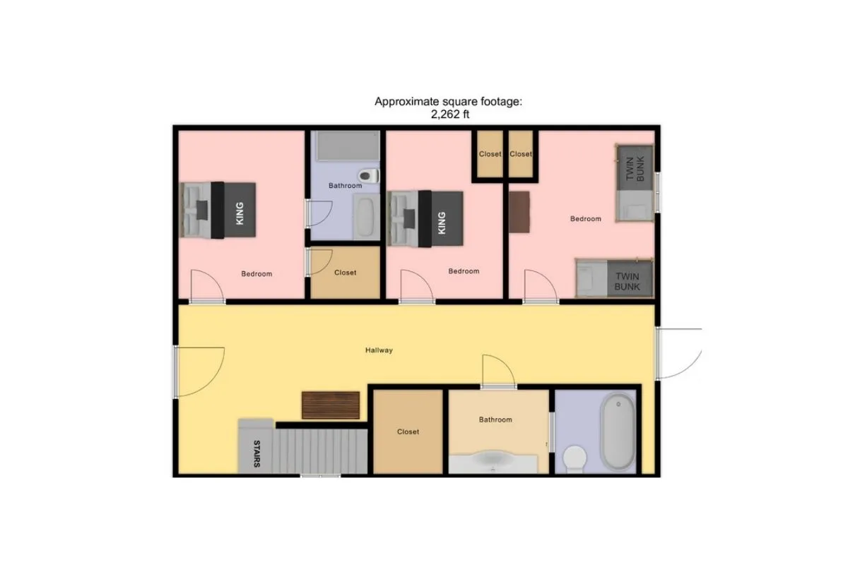 A welcoming view of bedrooms, bathrooms, hallway, and closets, all arranged to suggest spaciousness and easy navigation for family members of all ages.