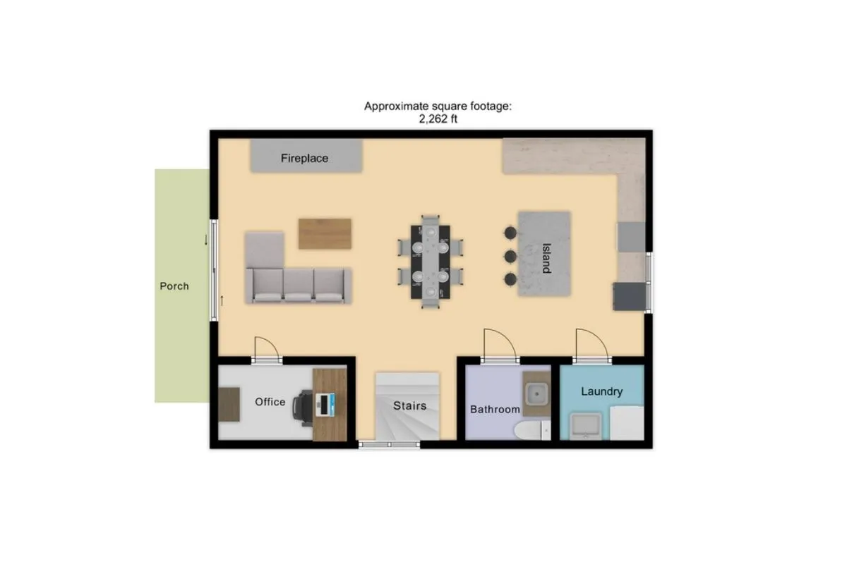 An interior scene showing a fireplace, dining table, kitchen island, and a visible office area. The space is both cozy and functional, highlighting the seamless flow between work and leisure areas, with ample light and multiple gathering spots.